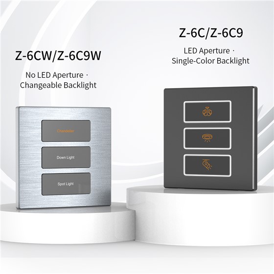 Z-6C and Z-6C9 tact switches with LED apertures compared with Z-6CW and Z-6C9W changeable backlight models
