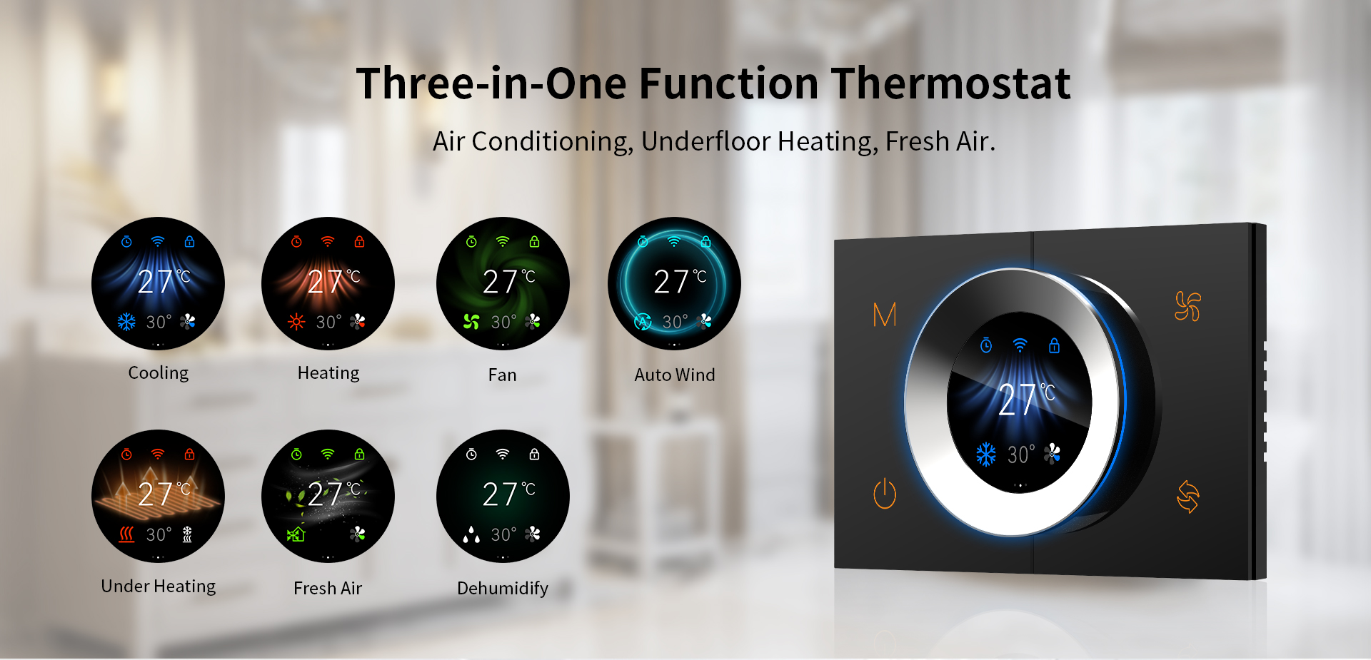 WKX20-B thermostat UI modes for cooling, heating, and fresh air