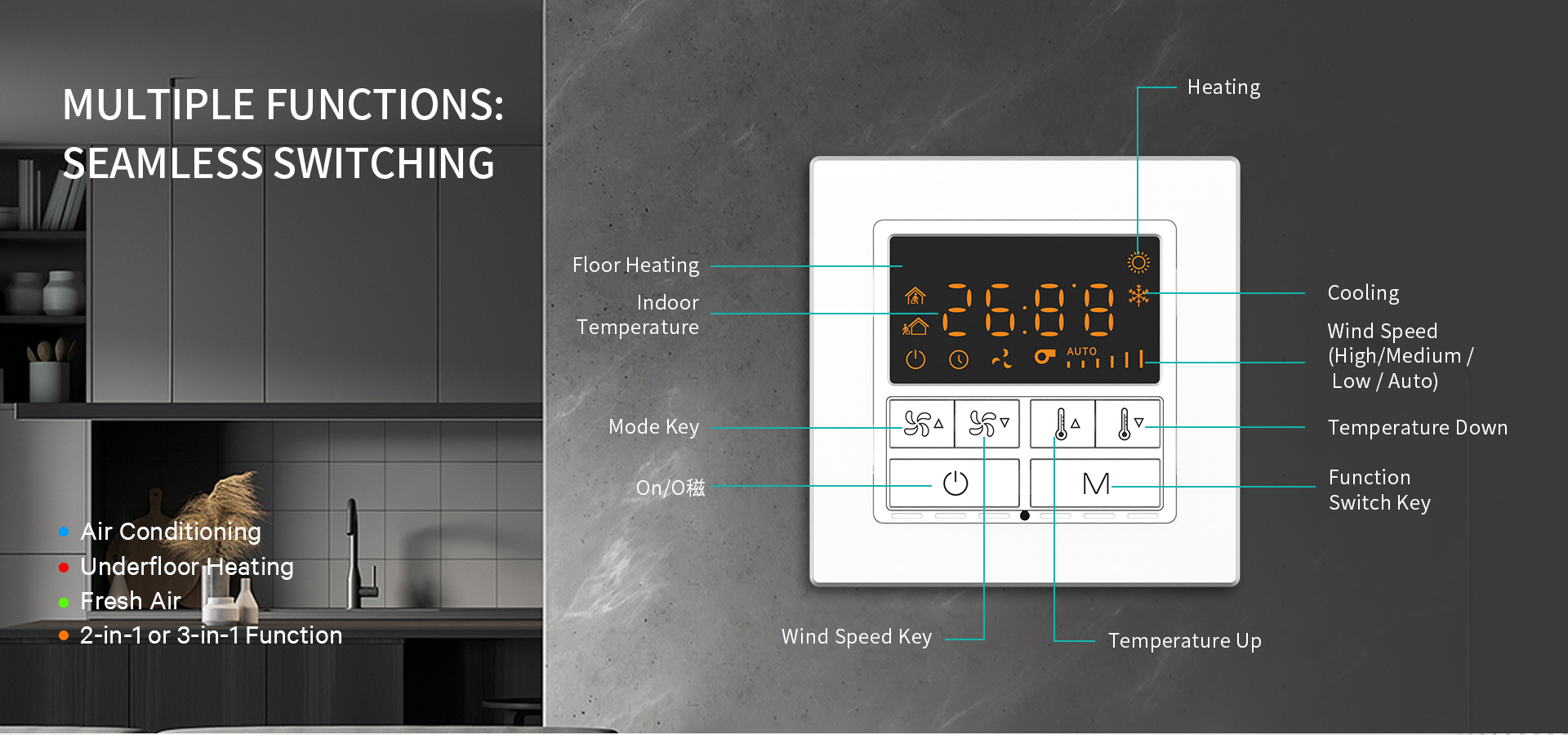Z-WK7 thermostat interface for cooling heating and fresh air management
