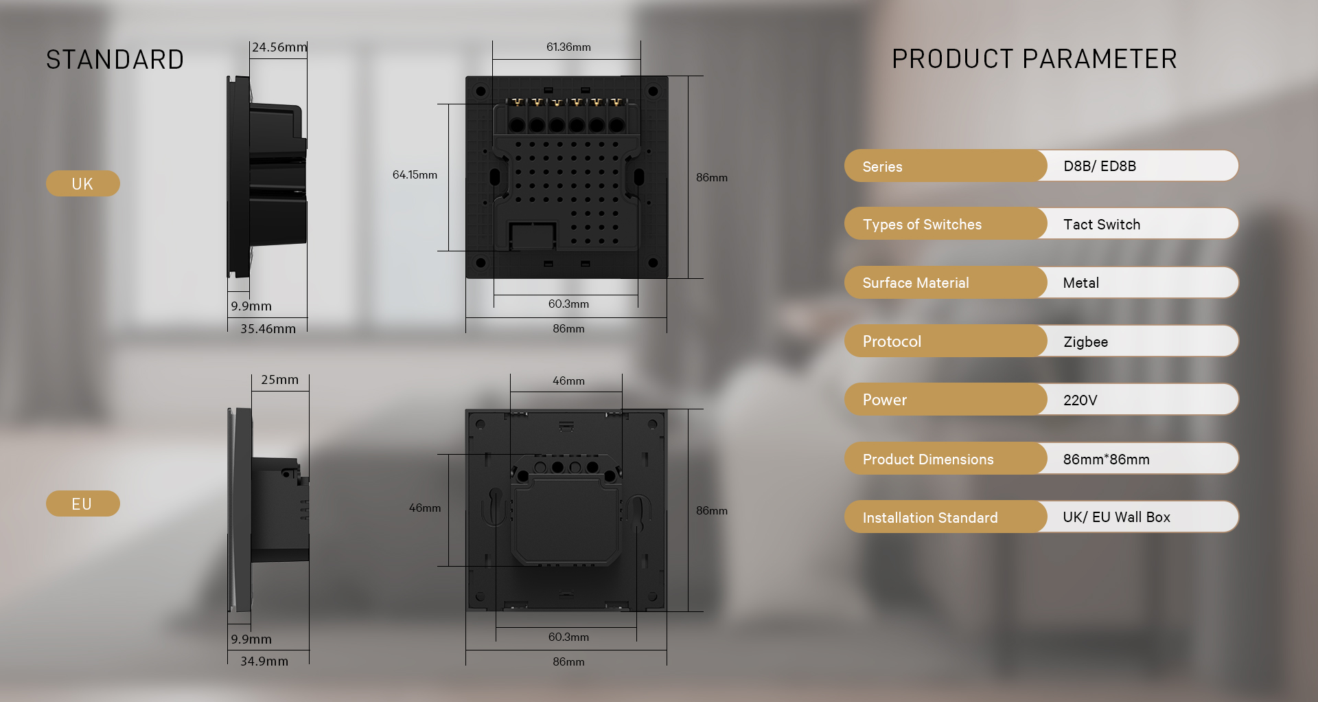 Zigbee smart switch installation dimensions UK/EU