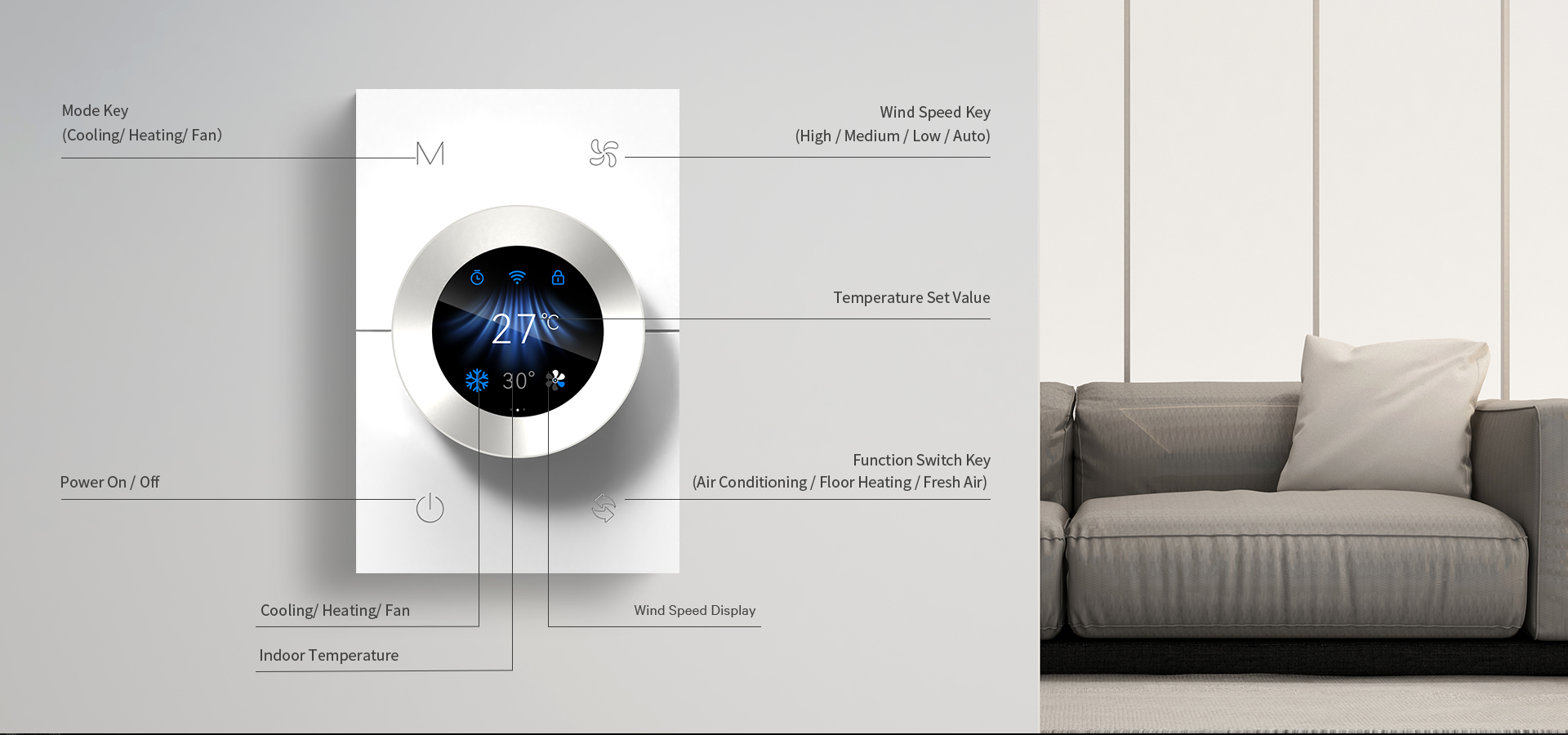 WKX20 smart thermostat with rotary knob and digital display WKX20 smart thermostat with rotary knob and digital display