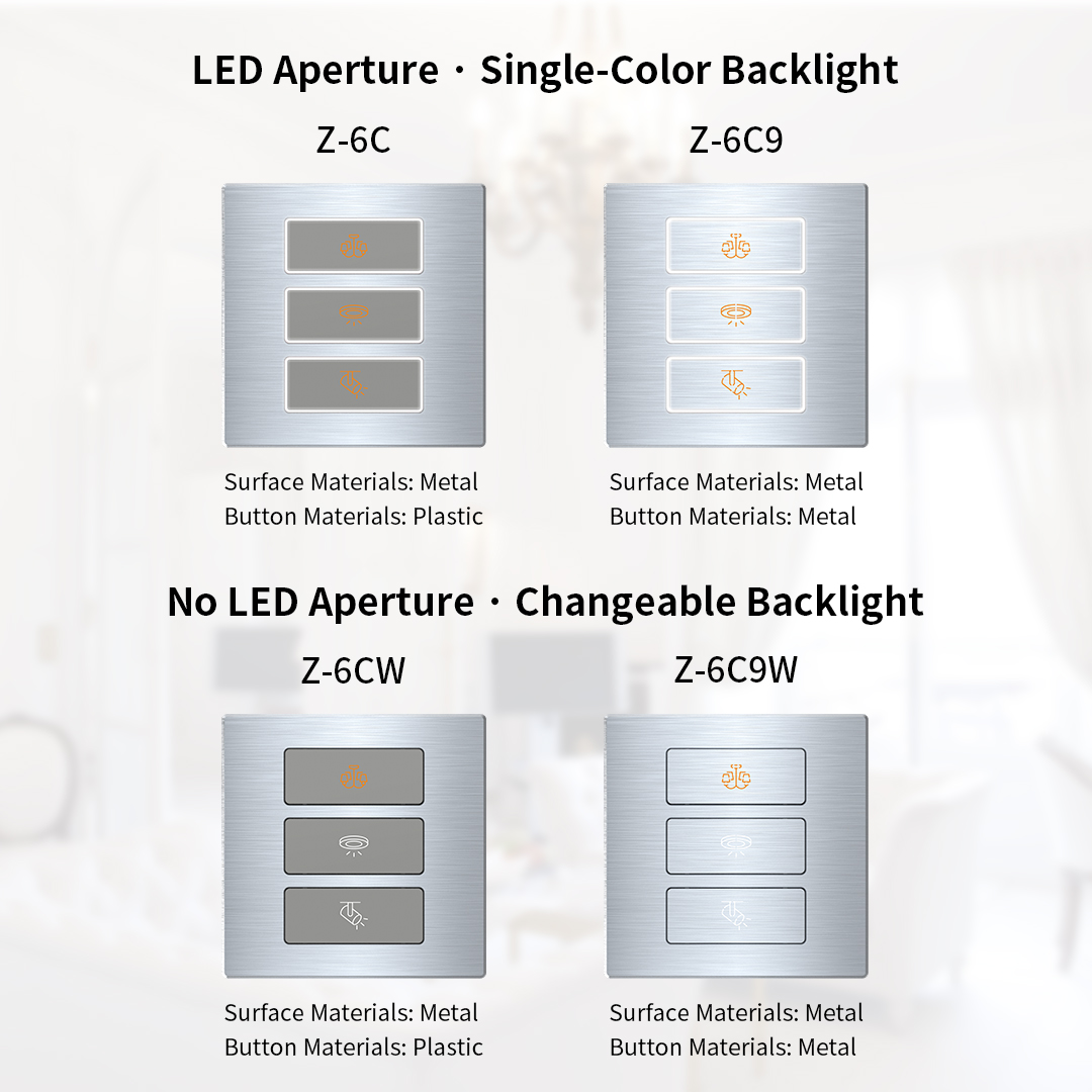 Z-6C, Z-6C9, Z-6CW and Z-6C9W RS485 tact switches showing plastic and metal button options