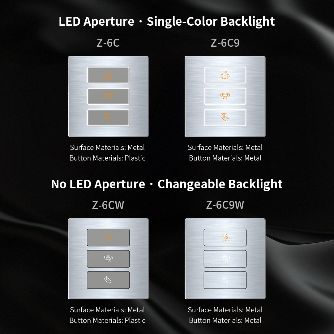 Z-6C KNX metal tact switch models with plastic and metal buttons