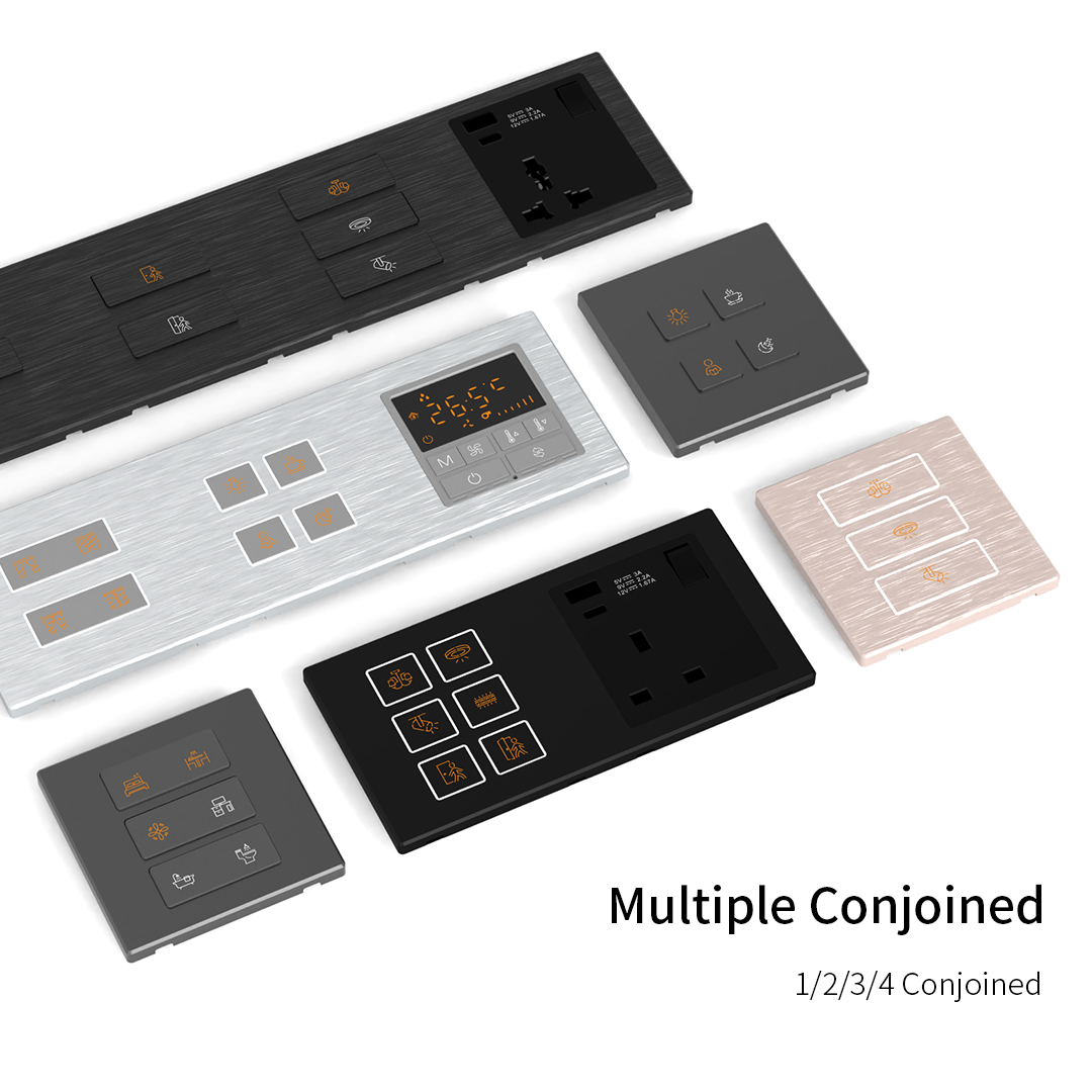 Z-6C KNX switches arranged in combined wall panels with sockets and thermostats