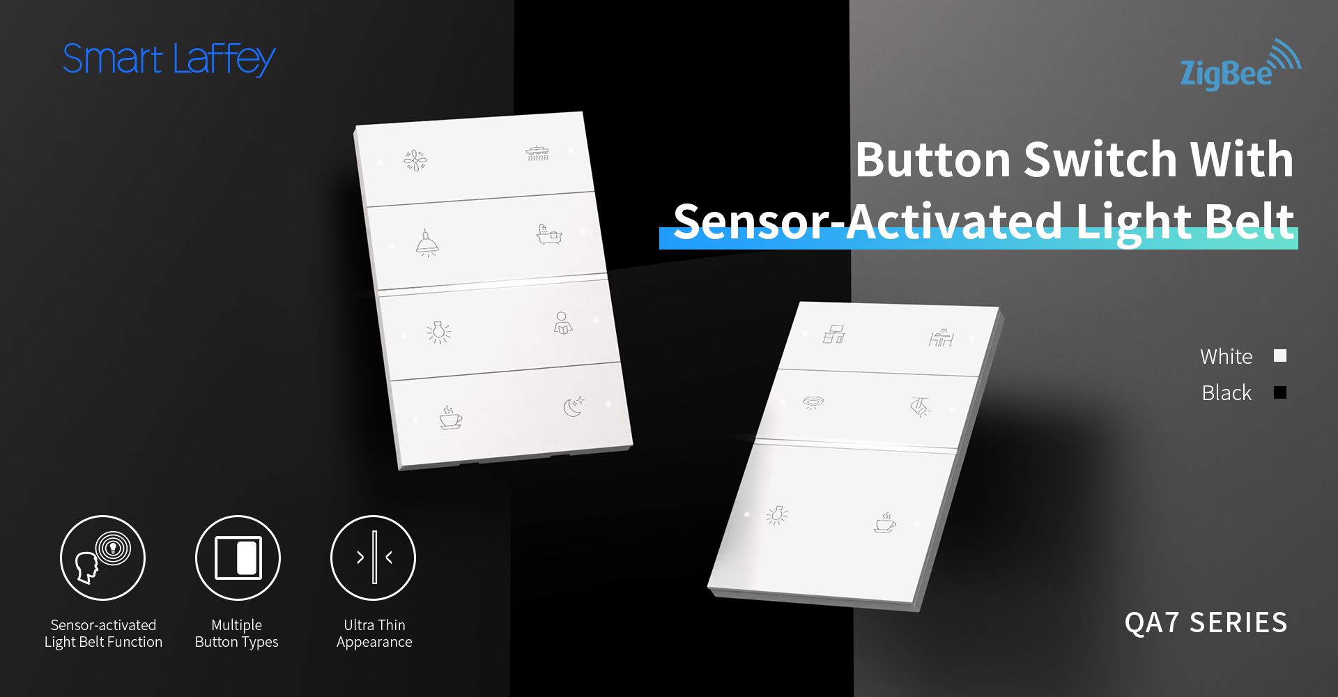 SmartLaffey QA7 Series Smart Panel with Tuya Zigbee, radar sensing light strip, and customizable engraving for smart homes and hotels. SmartLaffey QA7 Series Smart Panel with Tuya Zigbee, radar sensing light strip, and customizable engraving for smart homes and hotels.