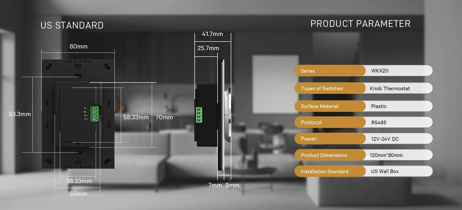 RS485 smart thermostat installed in modern hotel room