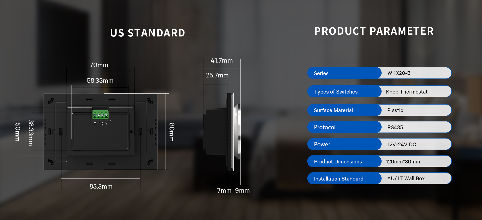 WKX20-B RS485 thermostat installation structure and terminal layout